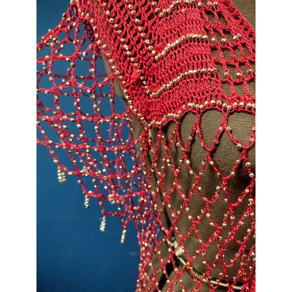 Handmade Red Beaded Open Front Capelet Shawl With Fringe Detailing - Picture 3 of 3